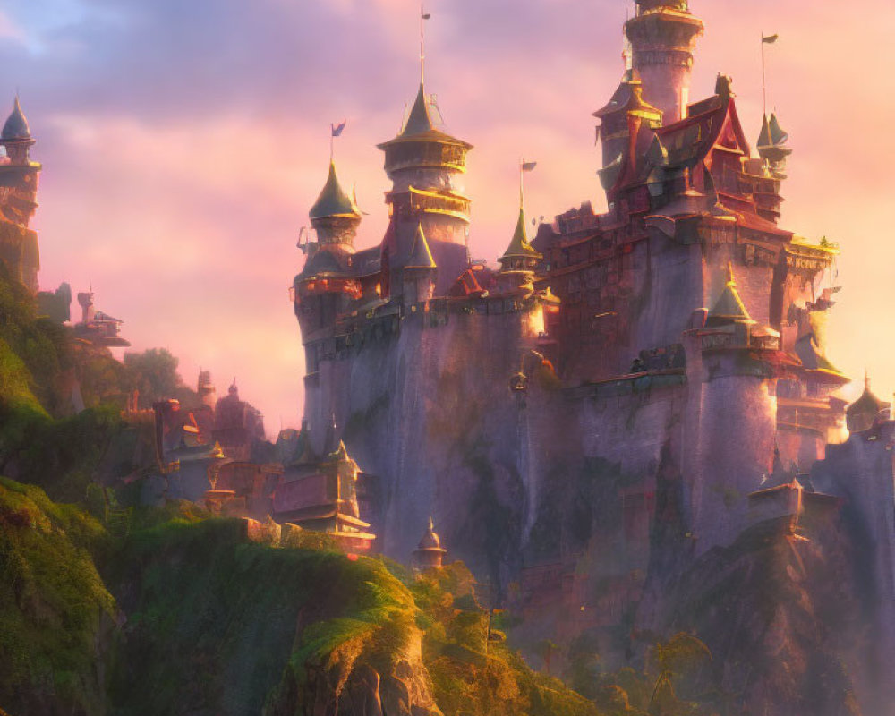 Majestic castle on steep cliff at sunrise with lush greenery