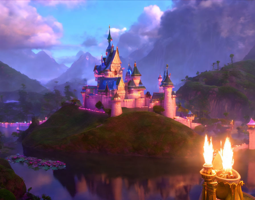 Enchanting fairytale castle on lush hill at twilight