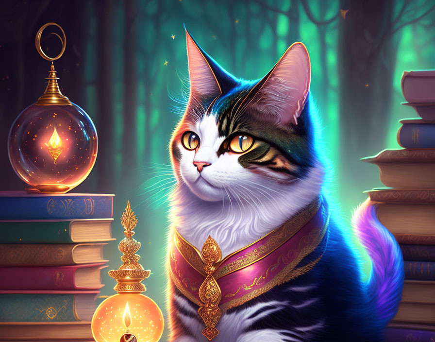 Majestic cat with green eyes in golden sash among lanterns and books