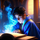 Dark-Haired Animated Character Reading Glowing Magical Book in Mystical Scene