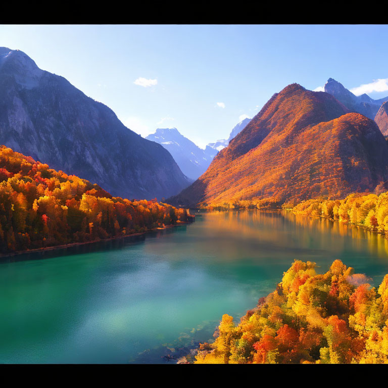 Tranquil lake with turquoise waters, autumnal mountains, and vibrant trees