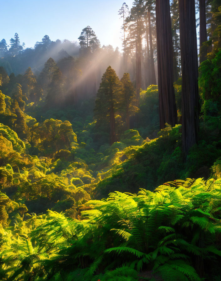 Forest scene with sunbeams on green ferns and trees