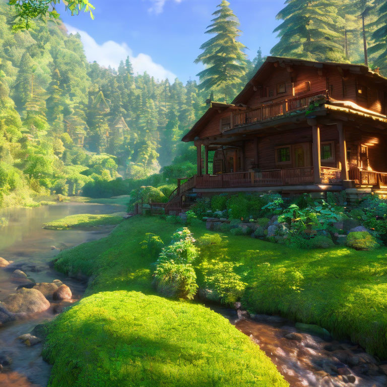 Rustic wooden cabin near serene stream in lush forest with sunlight filtering through trees.