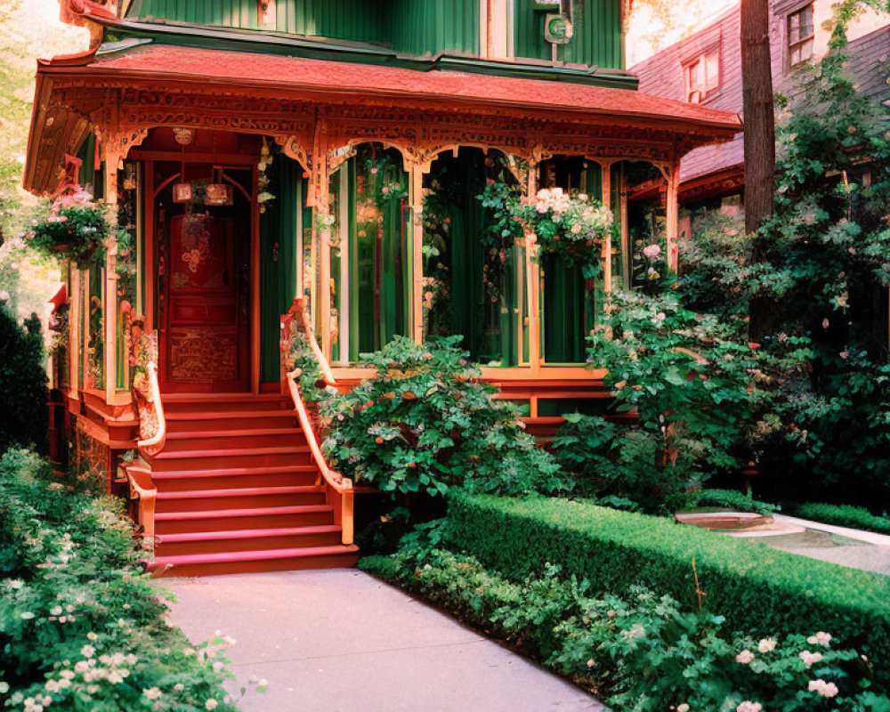 Victorian-style House with Green Trim, Red Stairs, and Lush Garden