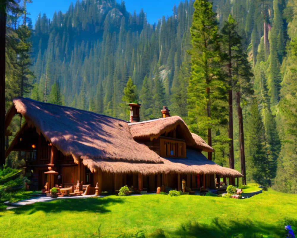 Thatched Cottage Surrounded by Greenery, Pines, and Mountain Landscape