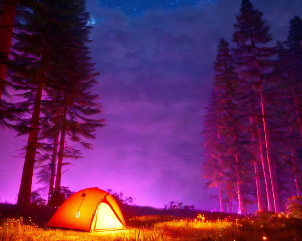 Tent glowing under starry sky in mystical forest scene