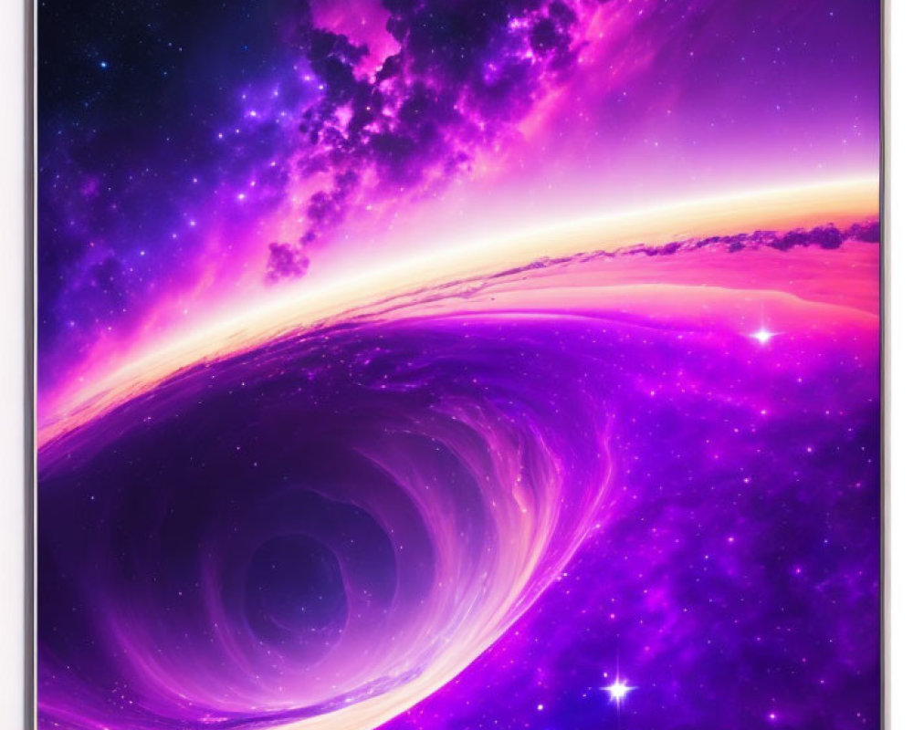 Colorful digital artwork: Swirling purple galaxy with stars, nebulous clouds, and radiant horizon