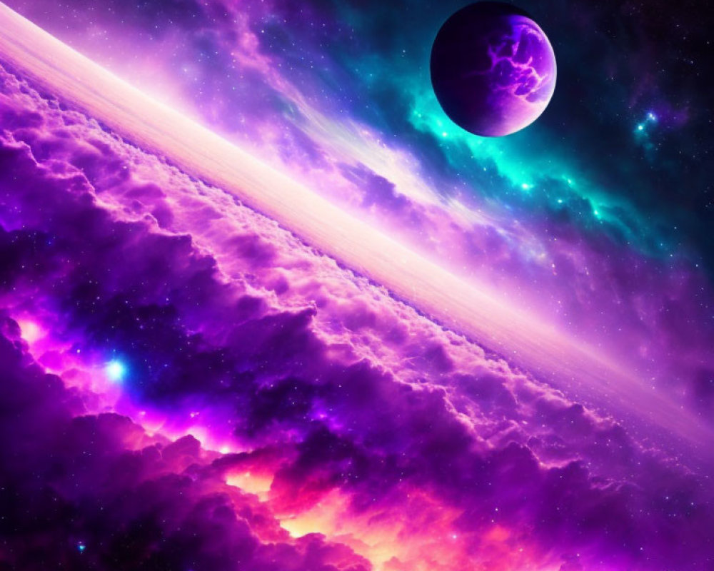 Colorful cosmic scene: purple planet, glowing horizon, stars, nebula-filled space