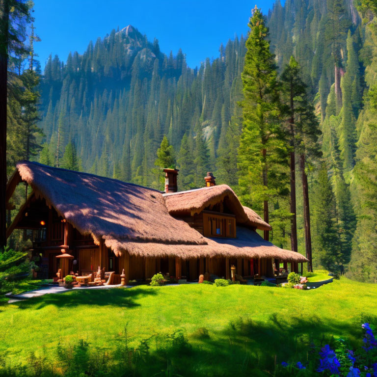 Thatched Cottage Surrounded by Greenery, Pines, and Mountain Landscape