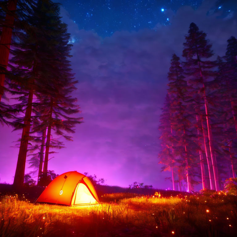 Tent glowing under starry sky in mystical forest scene