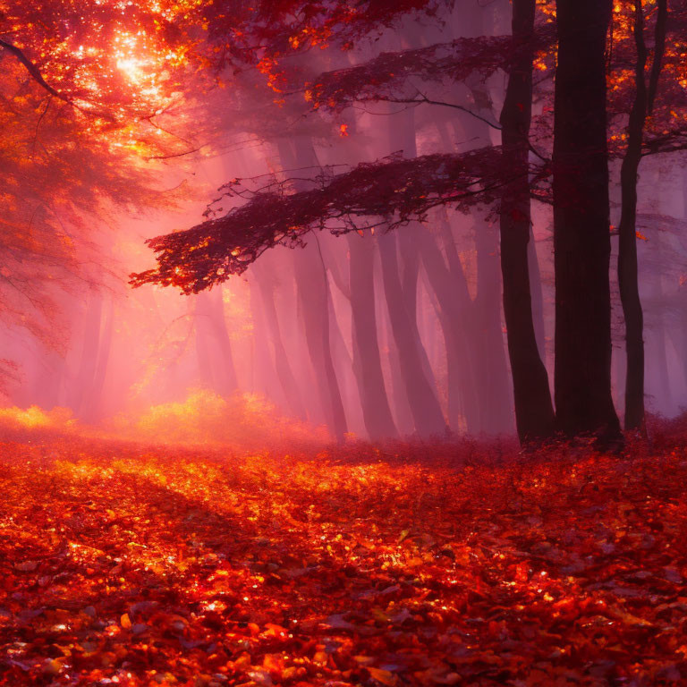 Enchanting Forest Scene with Red Leaves and Towering Trees