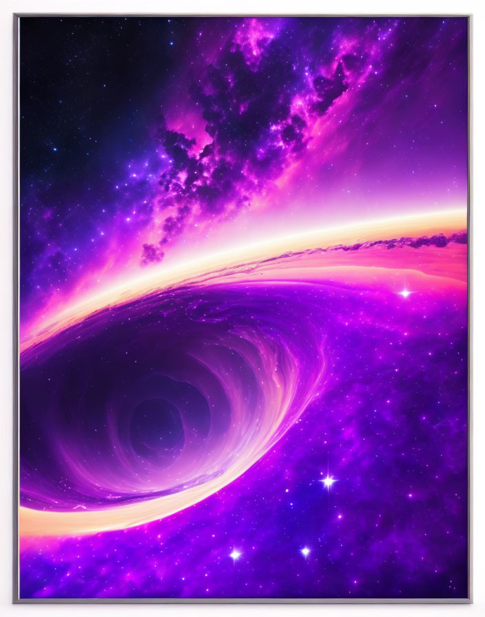 Colorful digital artwork: Swirling purple galaxy with stars, nebulous clouds, and radiant horizon