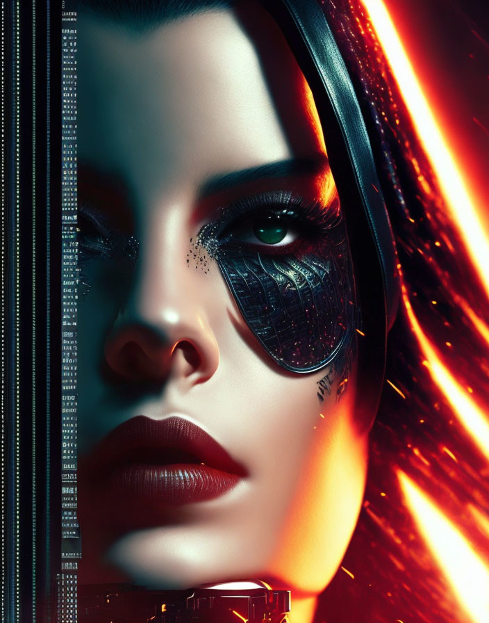 Futuristic cybernetic eye portrait with headphones and digital data backdrop