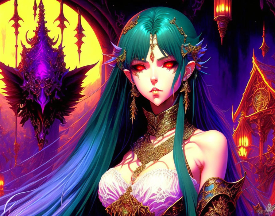 Fantasy character with green hair and red eyes in ornate jewelry on mystical background