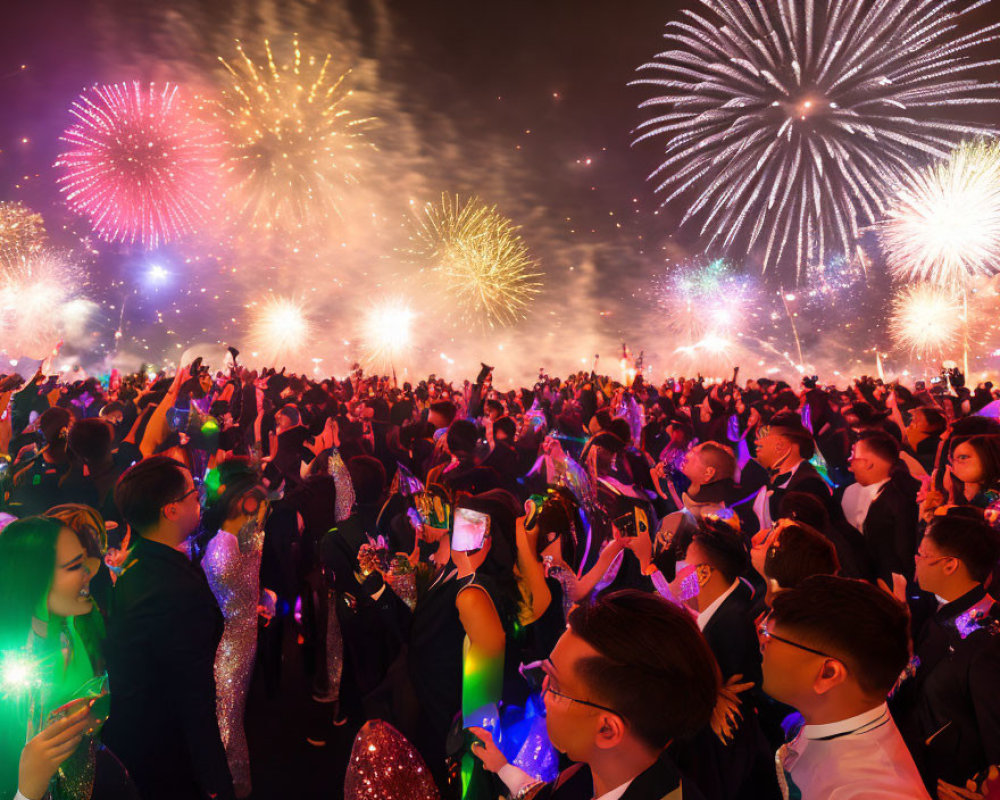 Night sky fireworks celebration with crowd and phone photography.