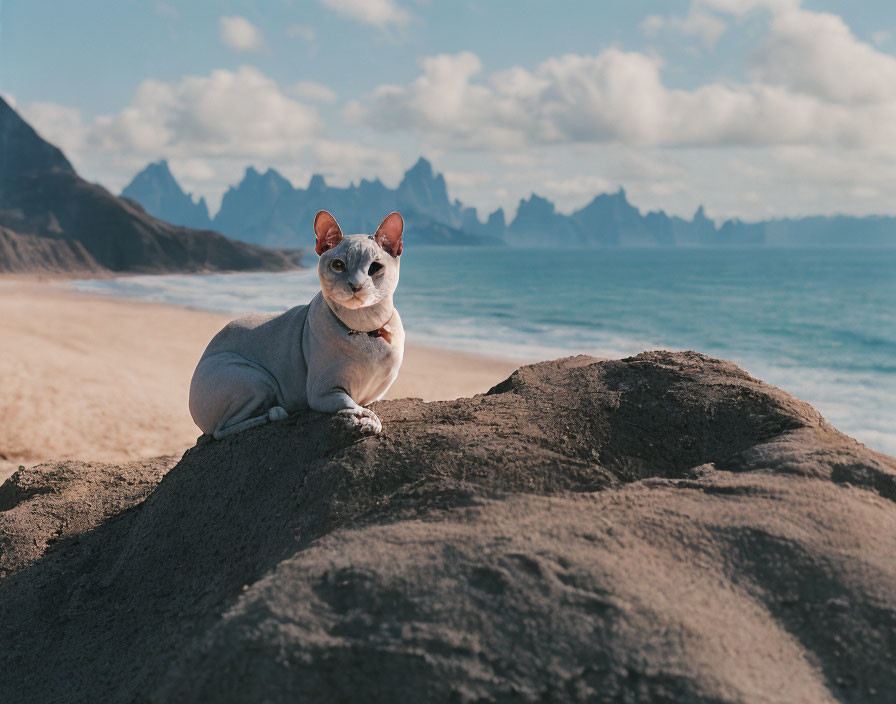 Hairless Cat Sitting on Rock with Beach and Mountain Peaks in Background