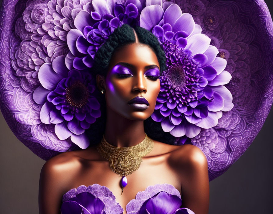 Portrait of Woman with Dark Skin and Purple Makeup, Surrounded by Violet Flowers and Gold Necklace