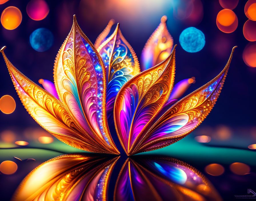 Colorful Lotus Flower Artwork with Intricate Patterns on Bokeh Background