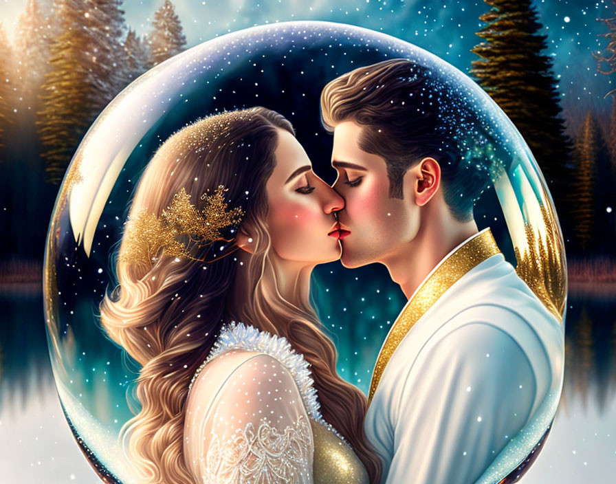 Illustrated Couple Kisses in Transparent Bubble Under Starry Sky