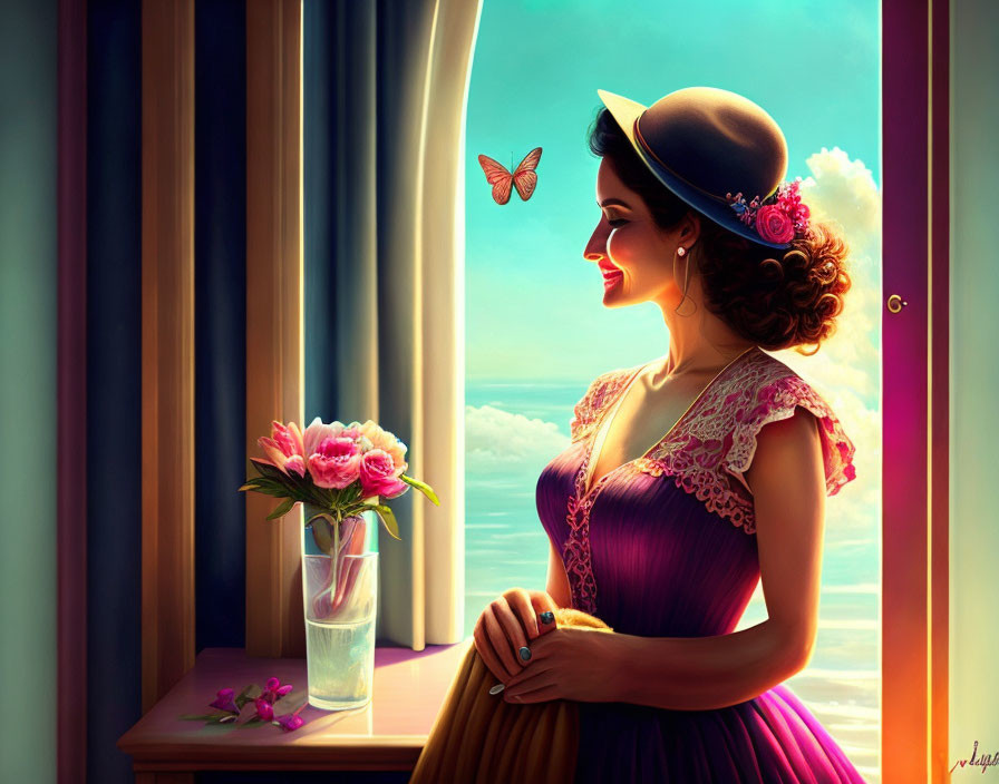 Vintage pink dress woman admires butterfly by window with flowers