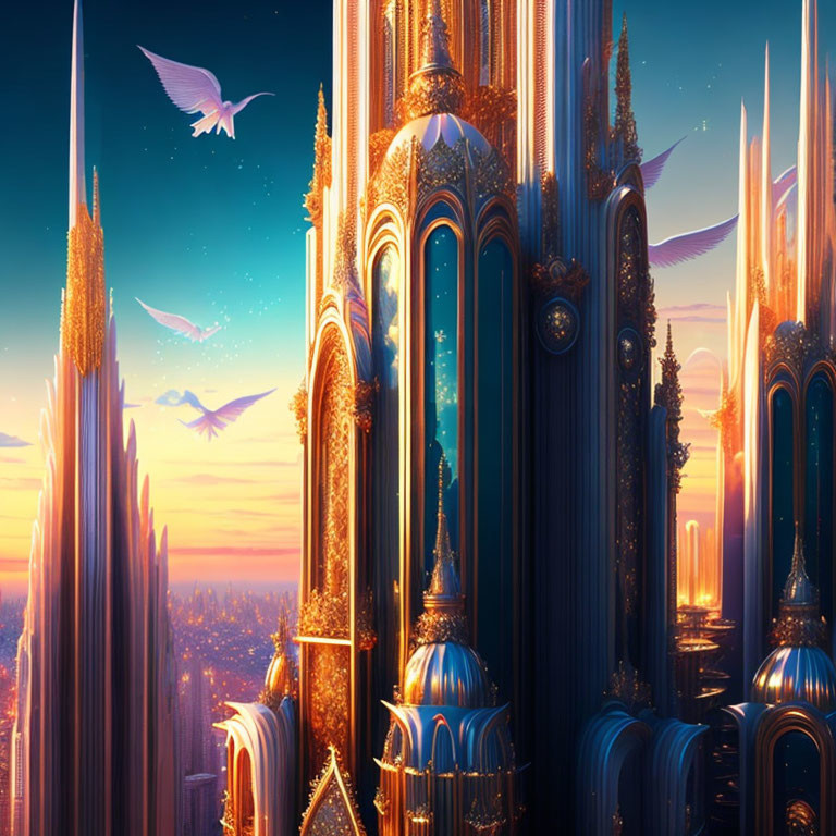 Fantasy cityscape sunset scene with golden spires and flying birds.