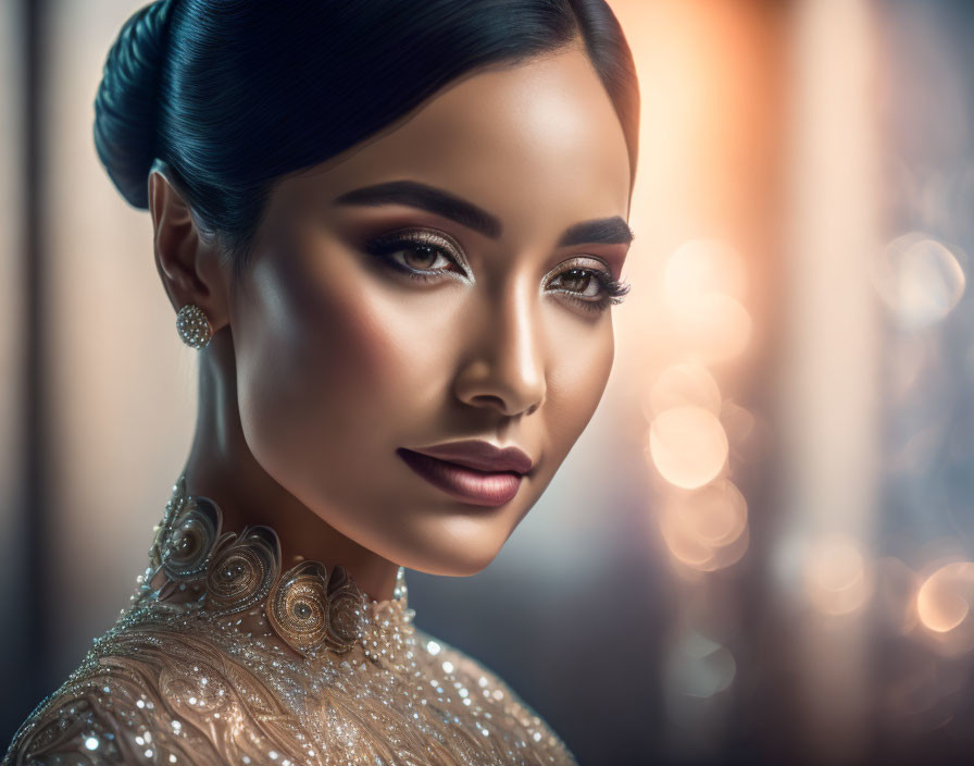 Dark-haired woman in glamorous gown and makeup under soft light