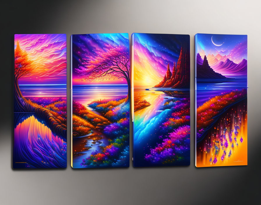 Four-panel wall art set of vibrant landscapes with trees, mountains, water reflections, twilight skies.