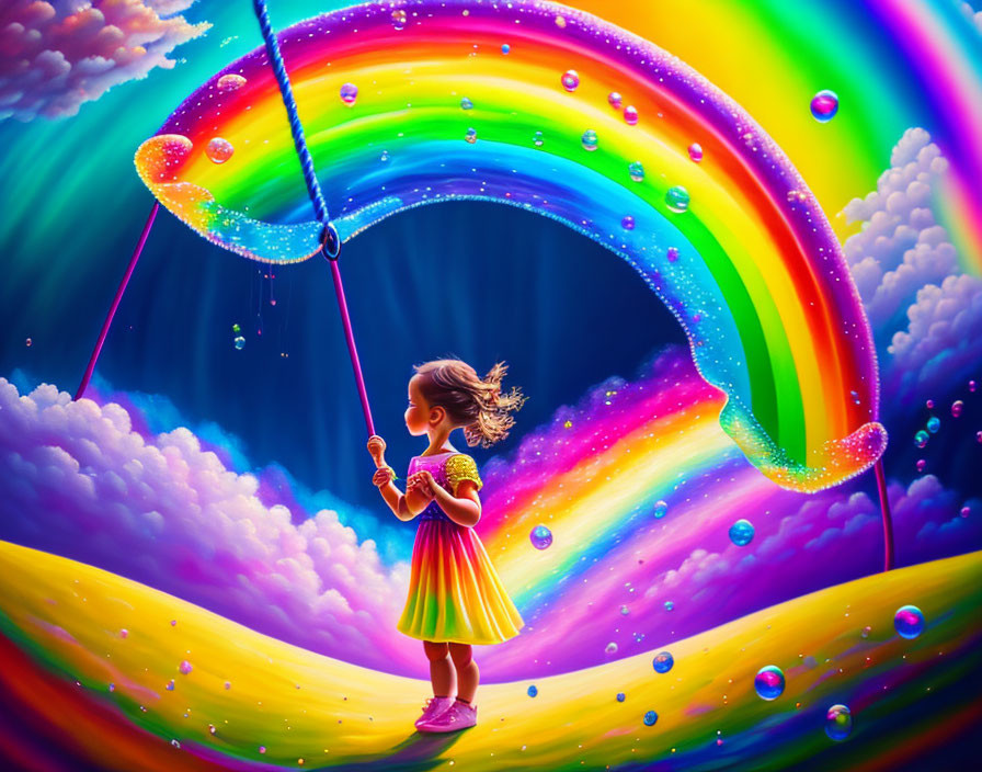 Colorful dress girl gazes at rainbow on cloud with floating bubbles