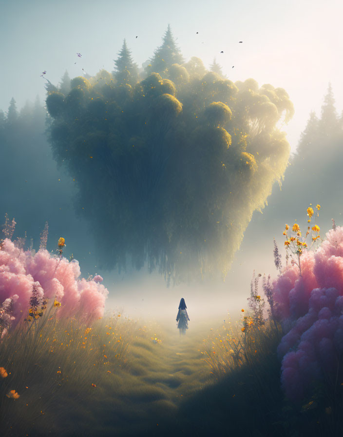 Surreal landscape with floating island and pink flora