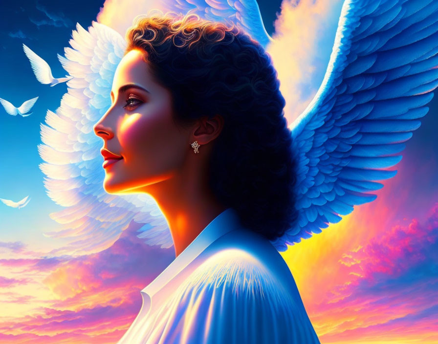 Woman with angelic wings in vibrant sunset sky.