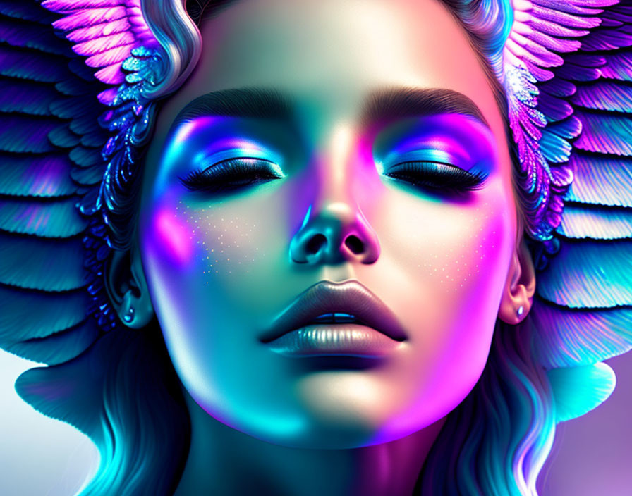 Colorful makeup and feathered wings on a woman in digital portrait