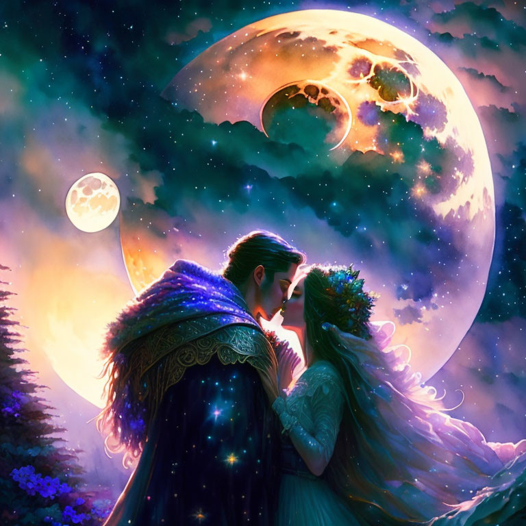 Couple embracing under vivid celestial sky with moon, stars, clouds, and nebula