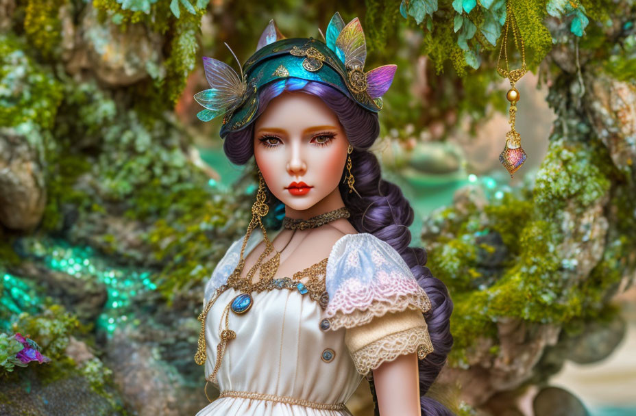 Fantasy-themed doll with butterfly wings and intricate jewelry in whimsical forest scene