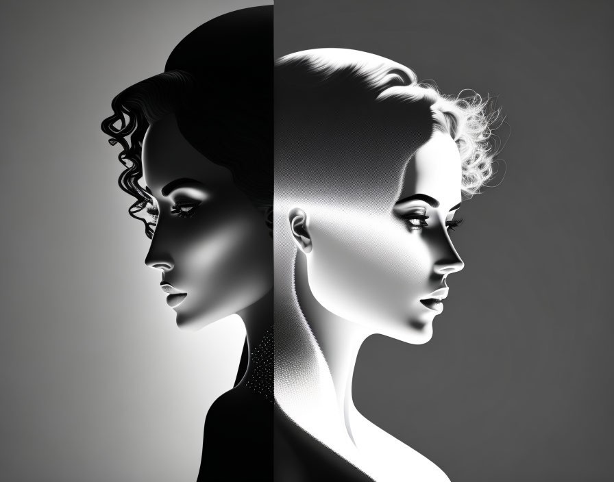 Monochrome image of two women profiles with yin-yang contrast