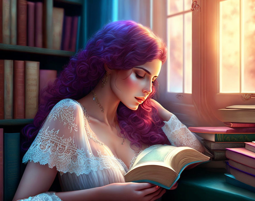 Purple-haired woman reading book by window with soft light and bookshelves.