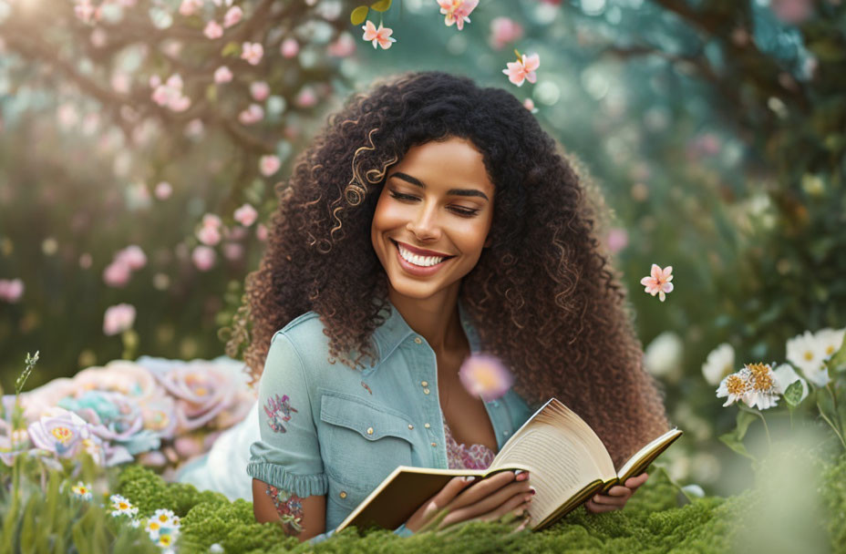 Curly-Haired Woman Smiling and Reading Book in Blooming Garden