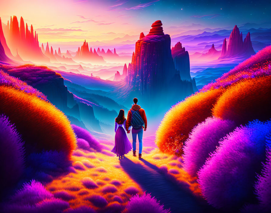 Couple walking in vibrant fantasy landscape with colorful flora