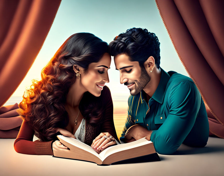 Couple Reading Book with Theatrical Curtain Backdrop