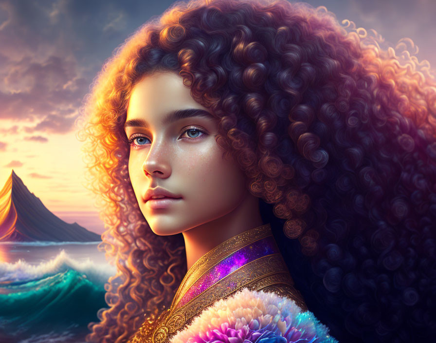 Digital artwork featuring person with curly hair, blue eyes, golden outfit, seascape background