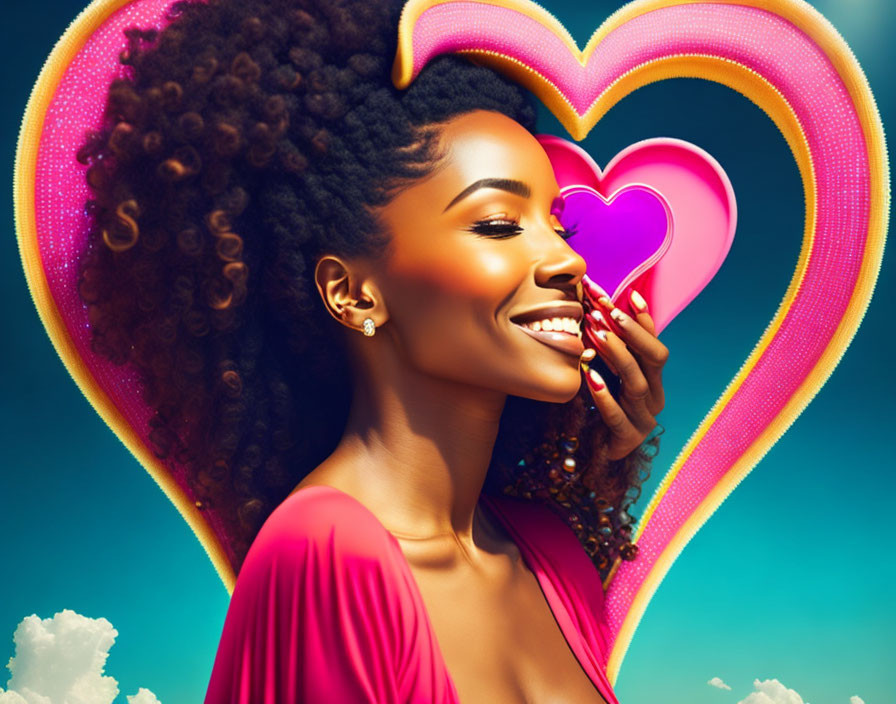 Smiling woman with curly hair and heart shapes background