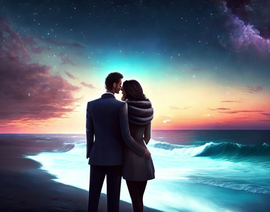 Romantic couple on beach at sunset with glowing waves and stars