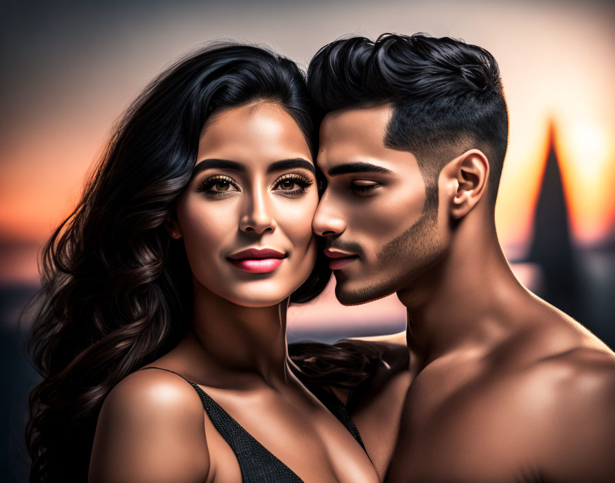 Stylized portrait of man and woman with sunset backdrop