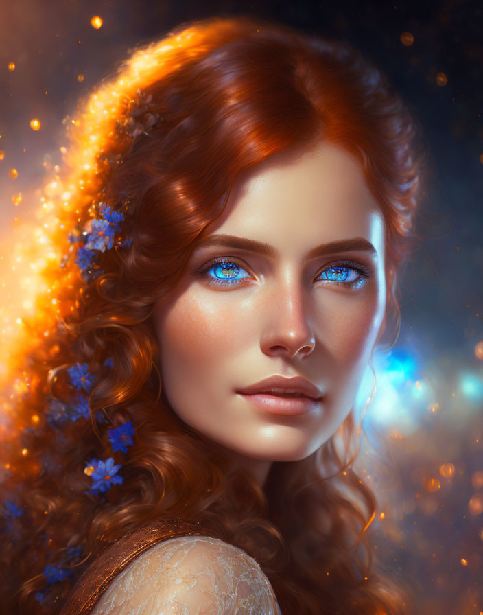 Vibrant digital portrait of woman with blue eyes and red hair