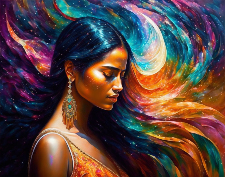 Colorful portrait of a woman with cosmic backdrop and swirling galaxies