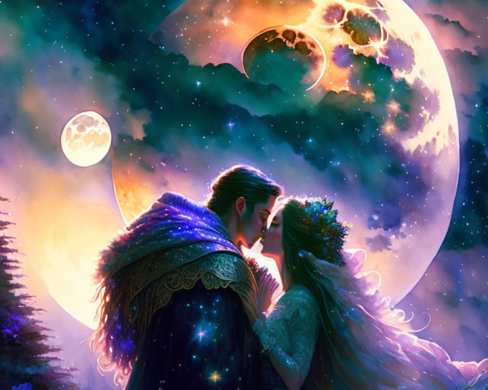 Couple embracing under vivid celestial sky with moon, stars, clouds, and nebula