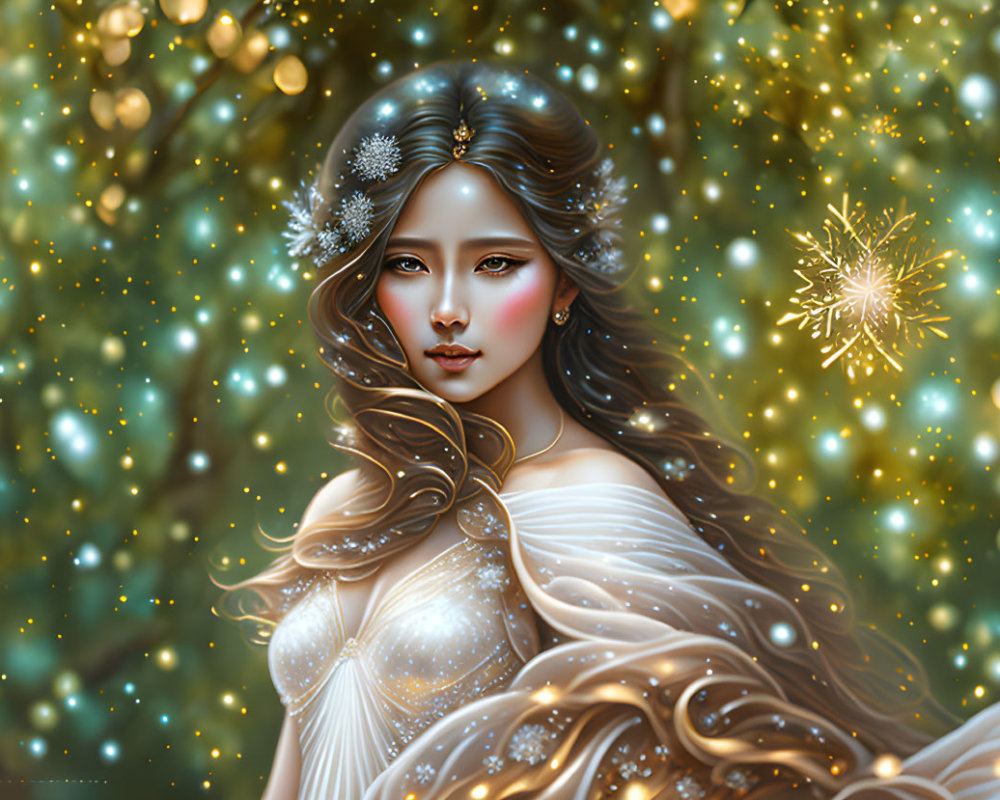 Fantastical portrait of woman with snowflake-adorned hair and ethereal gown.