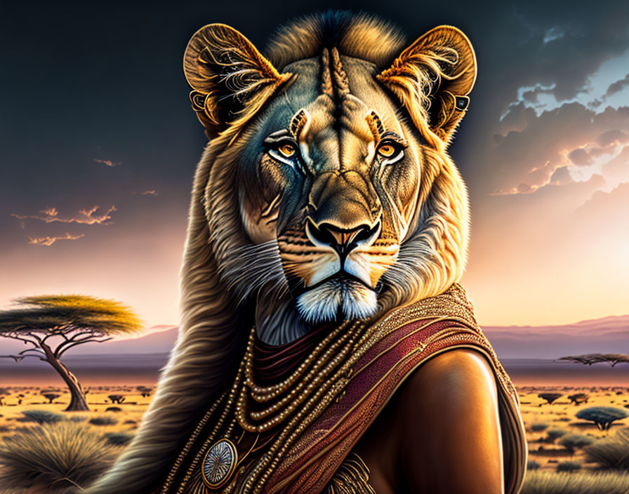 Majestic lion with human-like features in tribal garb on savannah at sunset