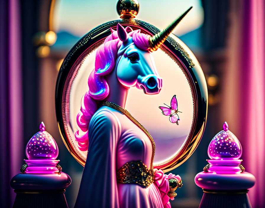 Colorful stylized unicorn with golden horn and elegant garments facing butterfly in whimsical architecture.