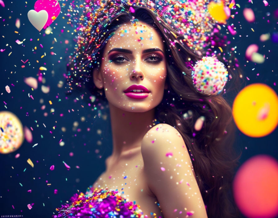 Colorful confetti and glitter surround woman in dreamlike scene