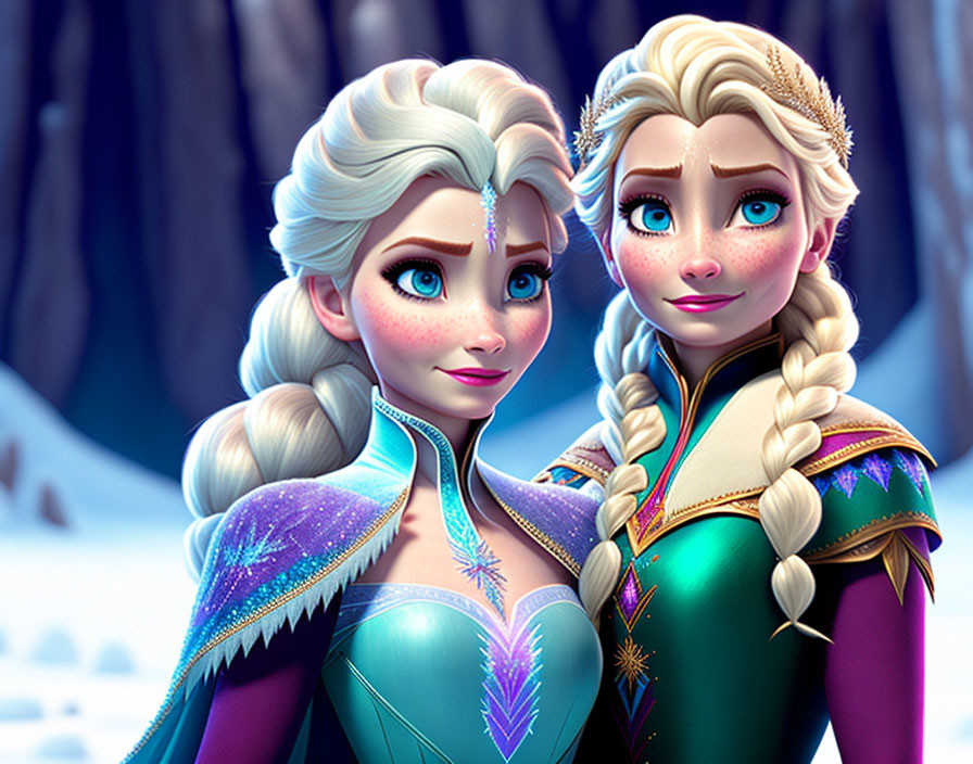 Animated sisters with braided hair and sparkly dresses in a winter scene.